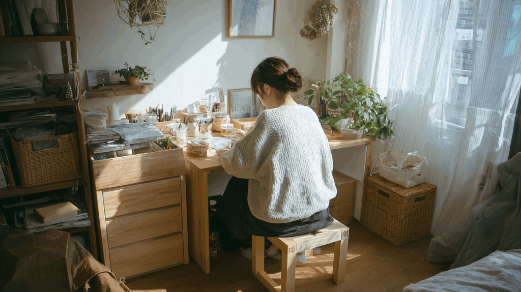 コンパクトな机と壁面収納の組み合わせ例