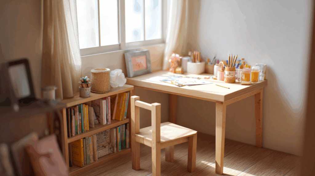 小さな部屋に置かれている机の写真。